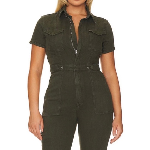 Good American Fit for Success Short Sleeve Forest Green Denim Jumpsuit - Picture 3 of 15